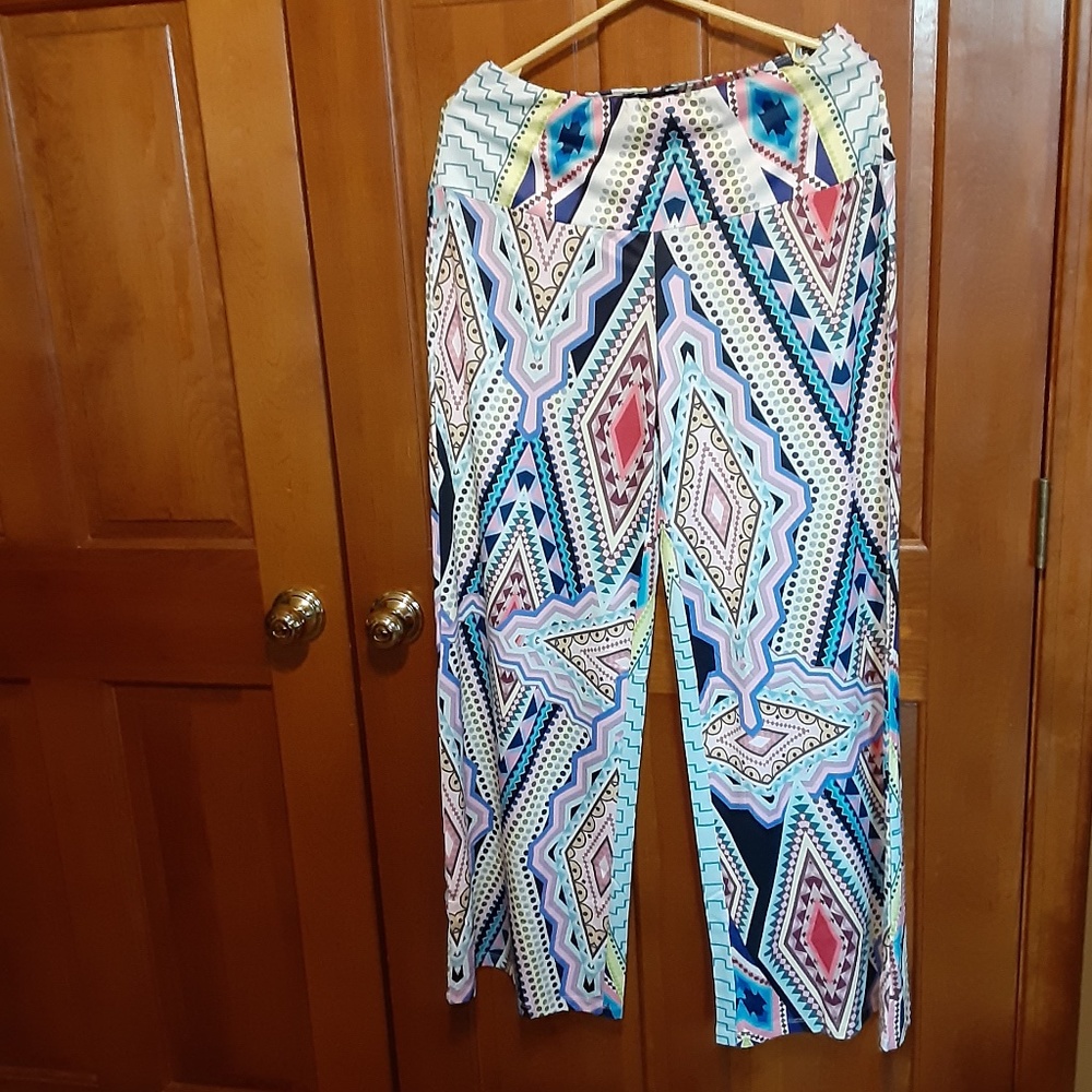 Colorful Diamond Geometric Print Wide Leg Pull-On Pant